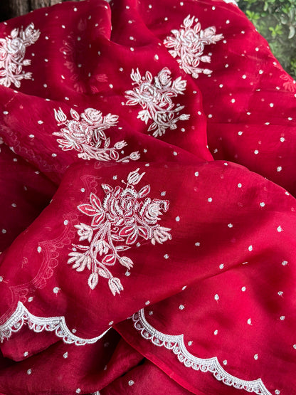 Noor Wine Red Organza Cutwork Chikankari Saree