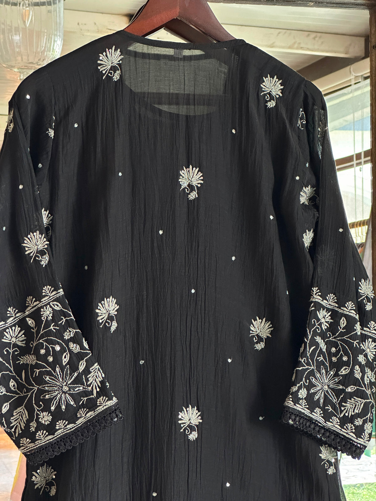 Black Mul Chanderi Chikankari Kurta Set with Pearl & Sequin Work