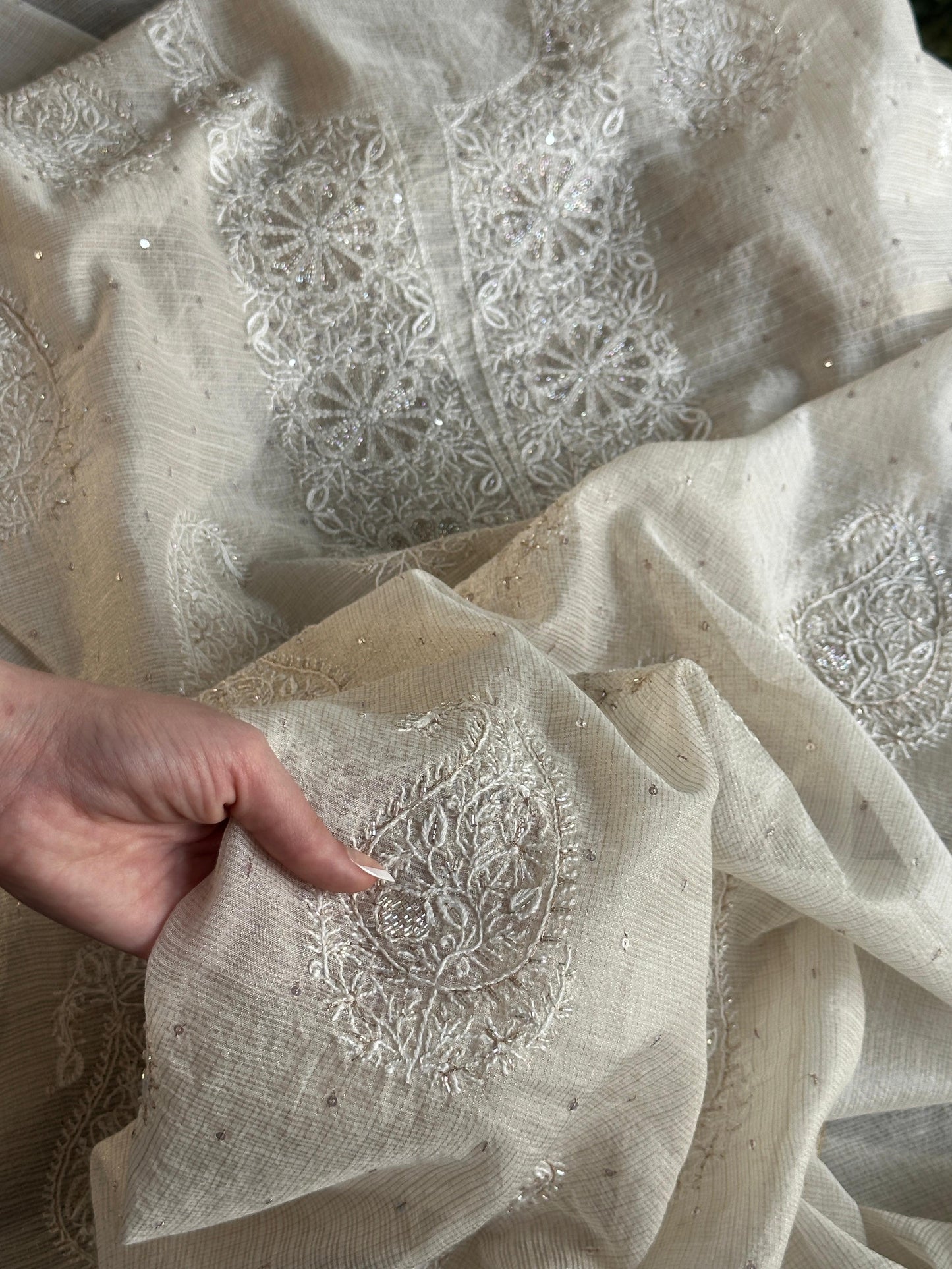 Off White Shade Tissue Zari Kota Chikankari Unstitched Fabric