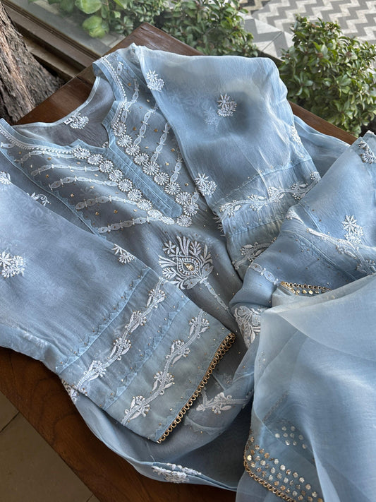 Sky Blue Noor Organza Applique Chikankari Mukaish Kurta Dupatta Set