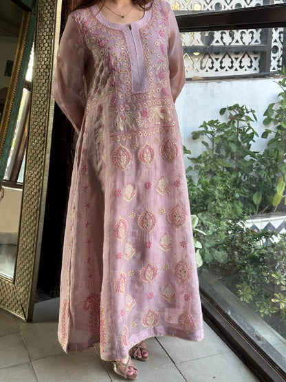 Mauve Pink Shade Noor Organza Chikankari A Line Kurta With Dupatta