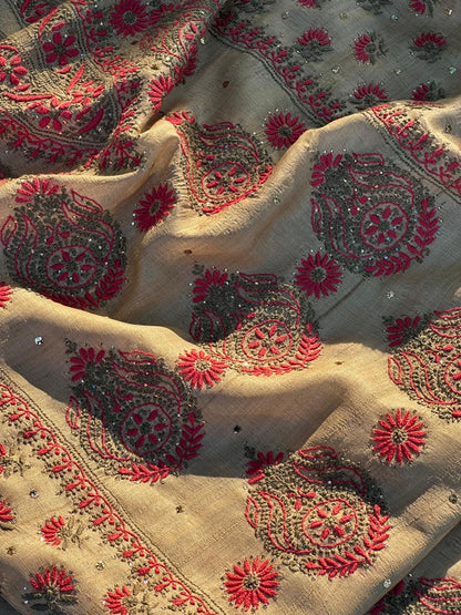 Natural Beige Shade Tussar Silk With Dual Thread Chikankari Fabric