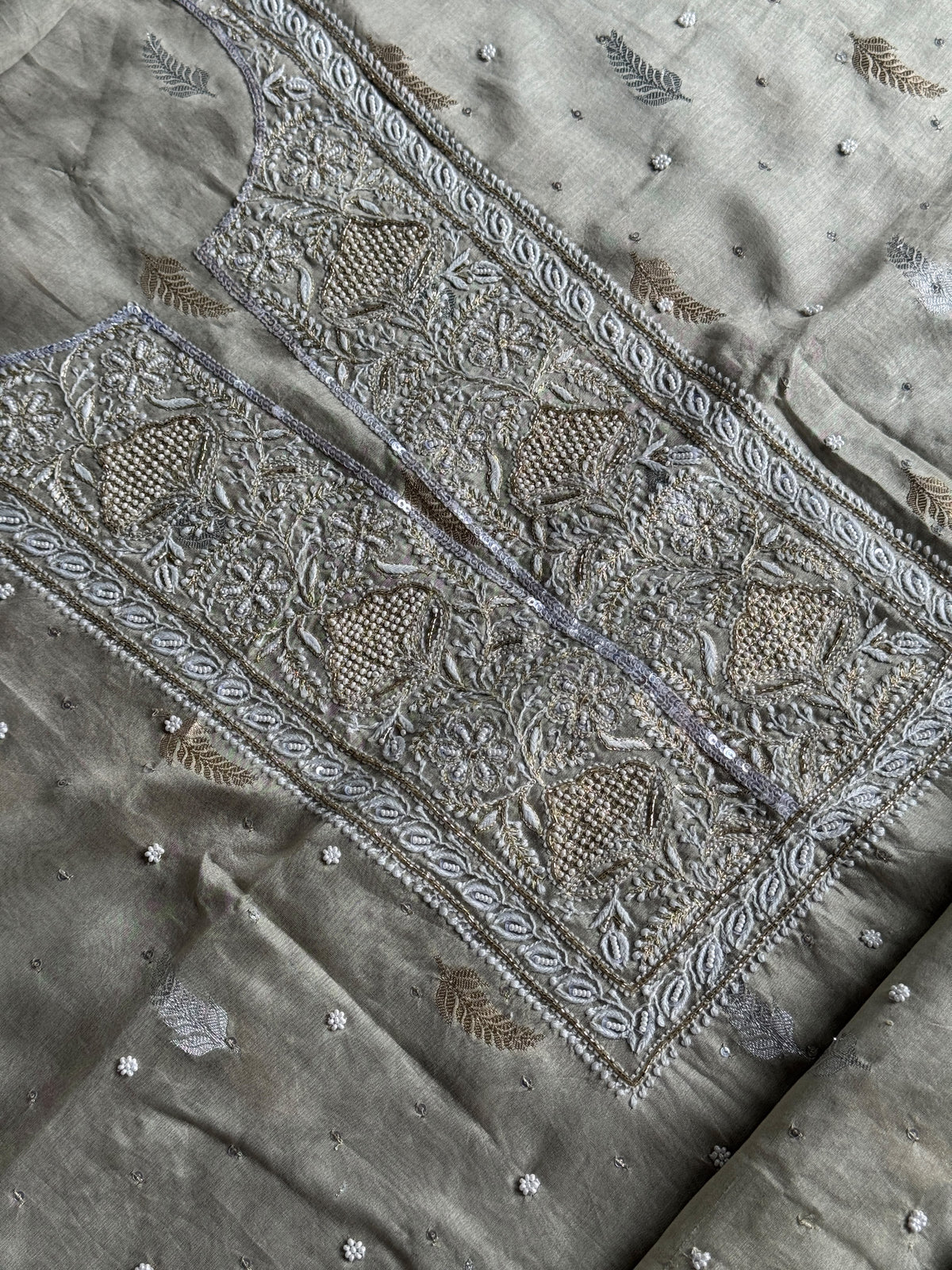 Grey Shade Banarasi Zari Chanderi Unstitched Chikankari Fabric