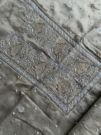 Grey Shade Banarasi Zari Chanderi Unstitched Chikankari Fabric