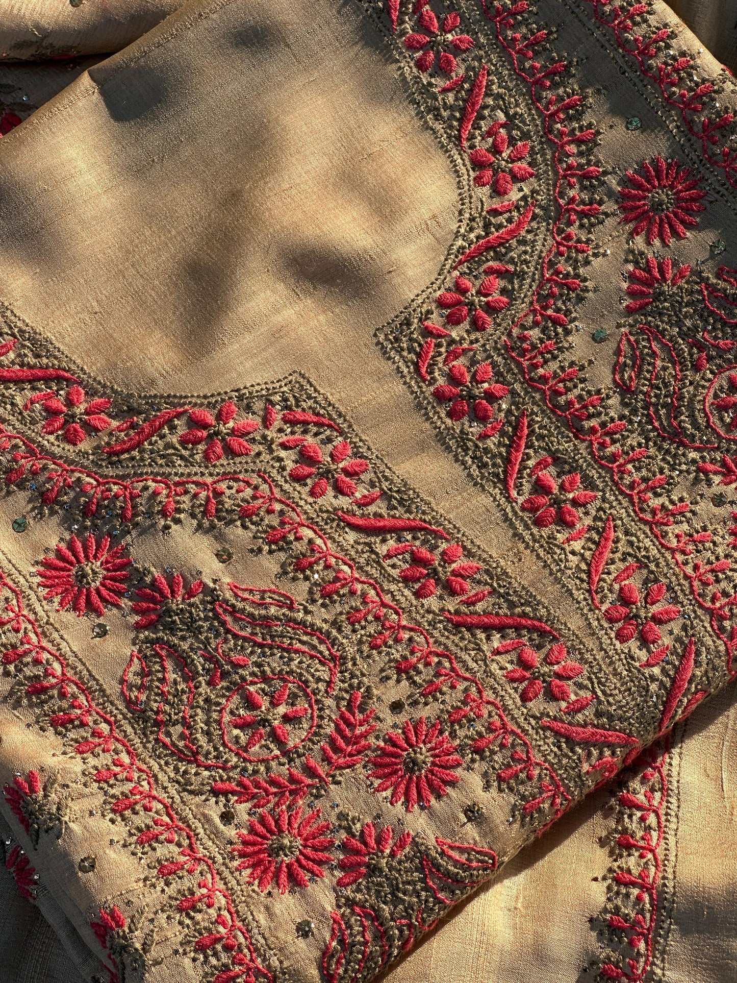 Natural Beige Shade Tussar Silk With Dual Thread Chikankari Fabric