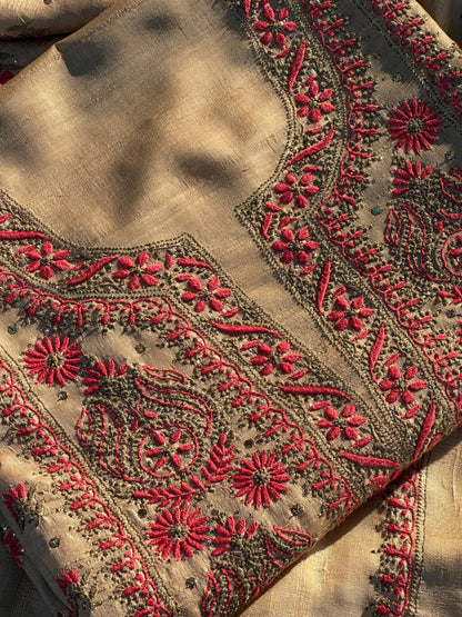 Natural Beige Shade Tussar Silk With Dual Thread Chikankari Fabric