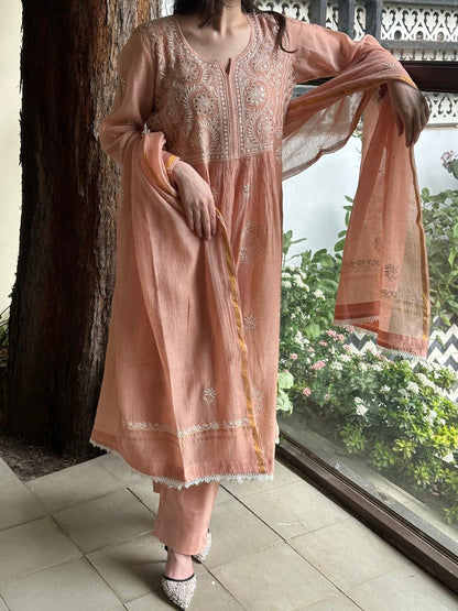 Peach Shade Malmal Mukaish Kamdani Kurta Set
