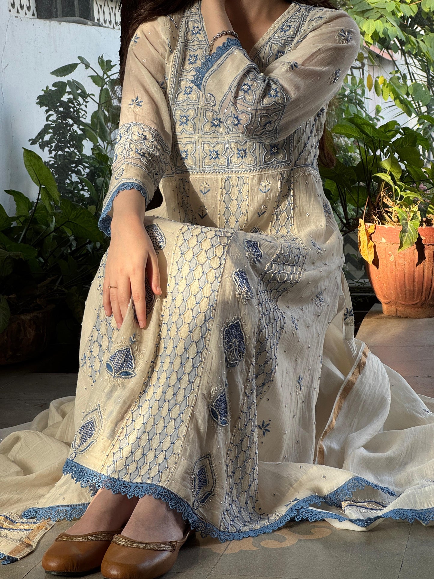 Indigo & Off White Shade Malmal Zari Pearl Work Chikankari Kalidar Kurta Set