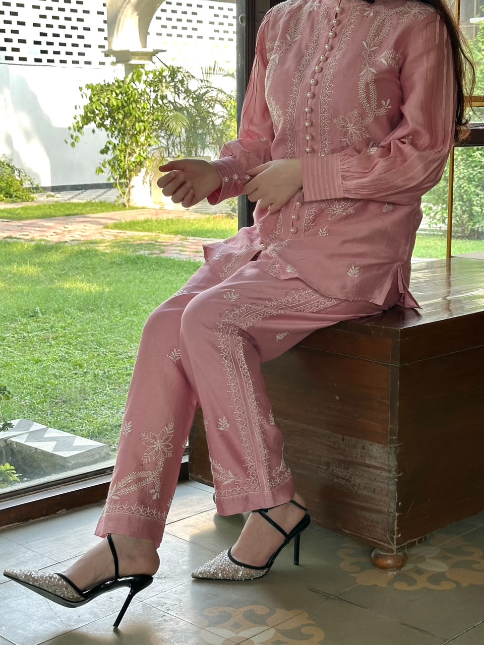 Pink Chanderi Chikankari Co-Ord Set