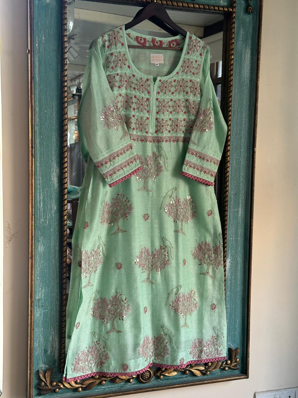 Sea Green Mal Mukaish Kamdani Chikankari Kurta Dupatta Set