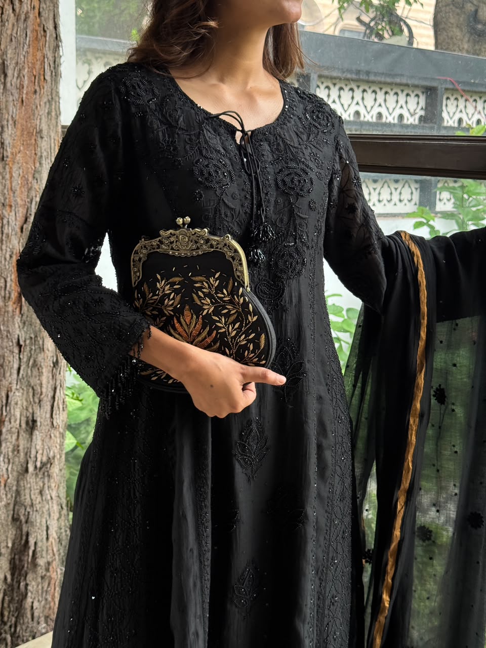 Black Malmal Pearl Work Chikankari A Line Kalidar Kurta With Dupatta