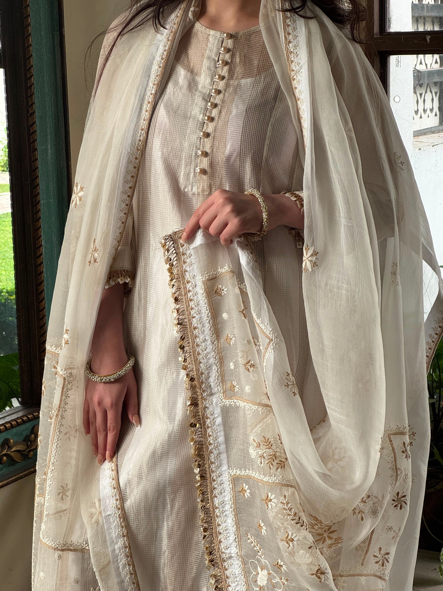 Ivory Kota Pattu Chikankari Suit Set with Organza Dupatta & Pearl Loop Buttons