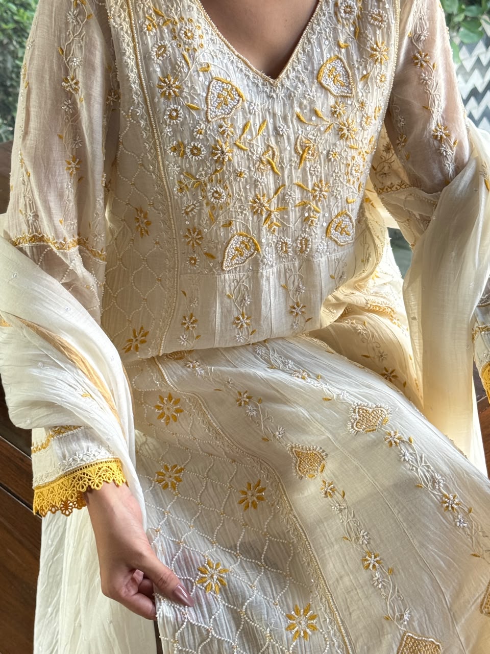Off White & Yellow Malmal Pearl Work Chikankari Kalidar Kurta Set