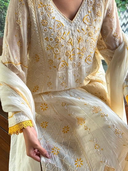Off White & Yellow Malmal Pearl Work Chikankari Kalidar Kurta Set
