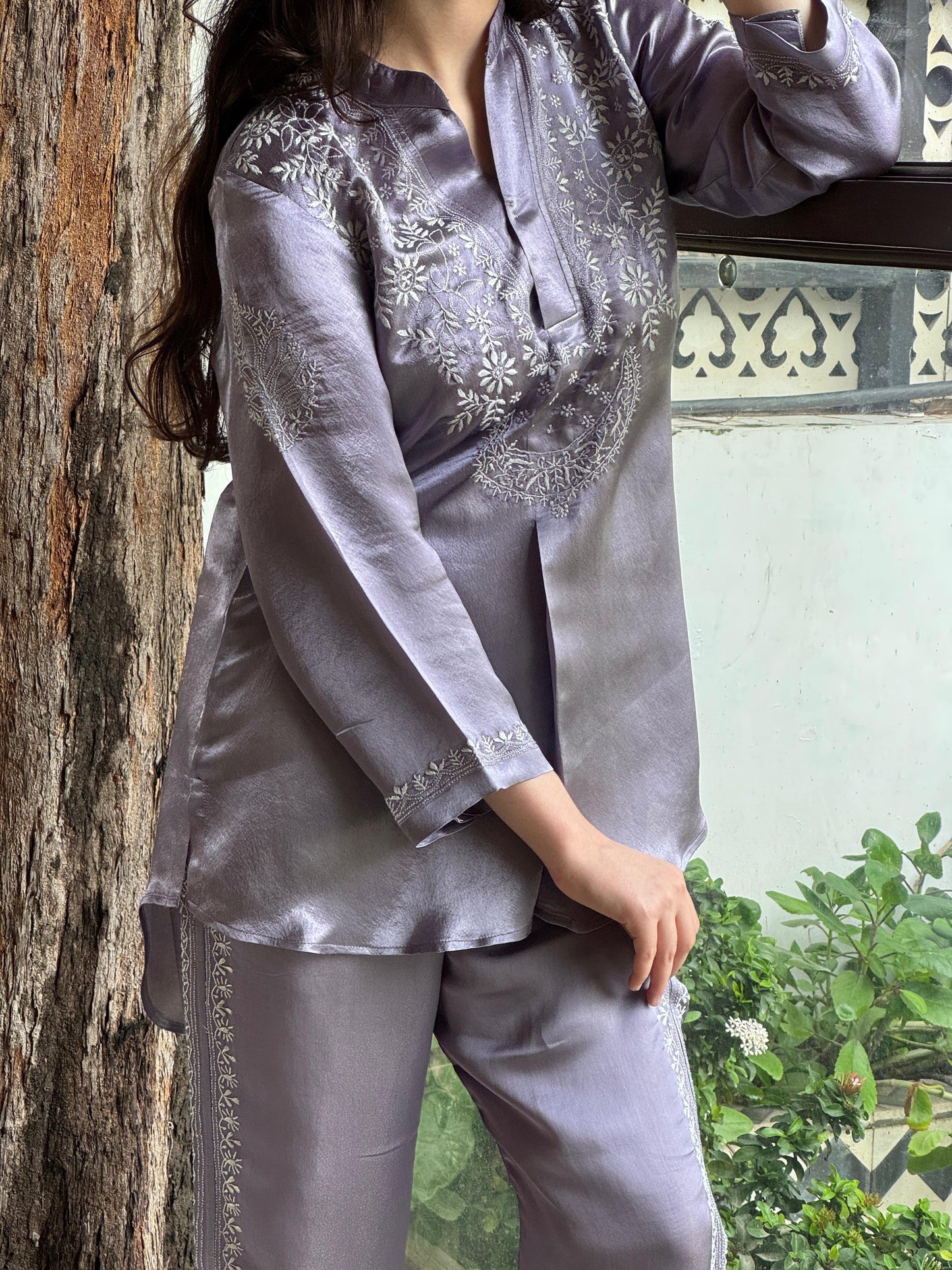 Purplish Grey Satin Shimmer Chikankari Co-Ord Set