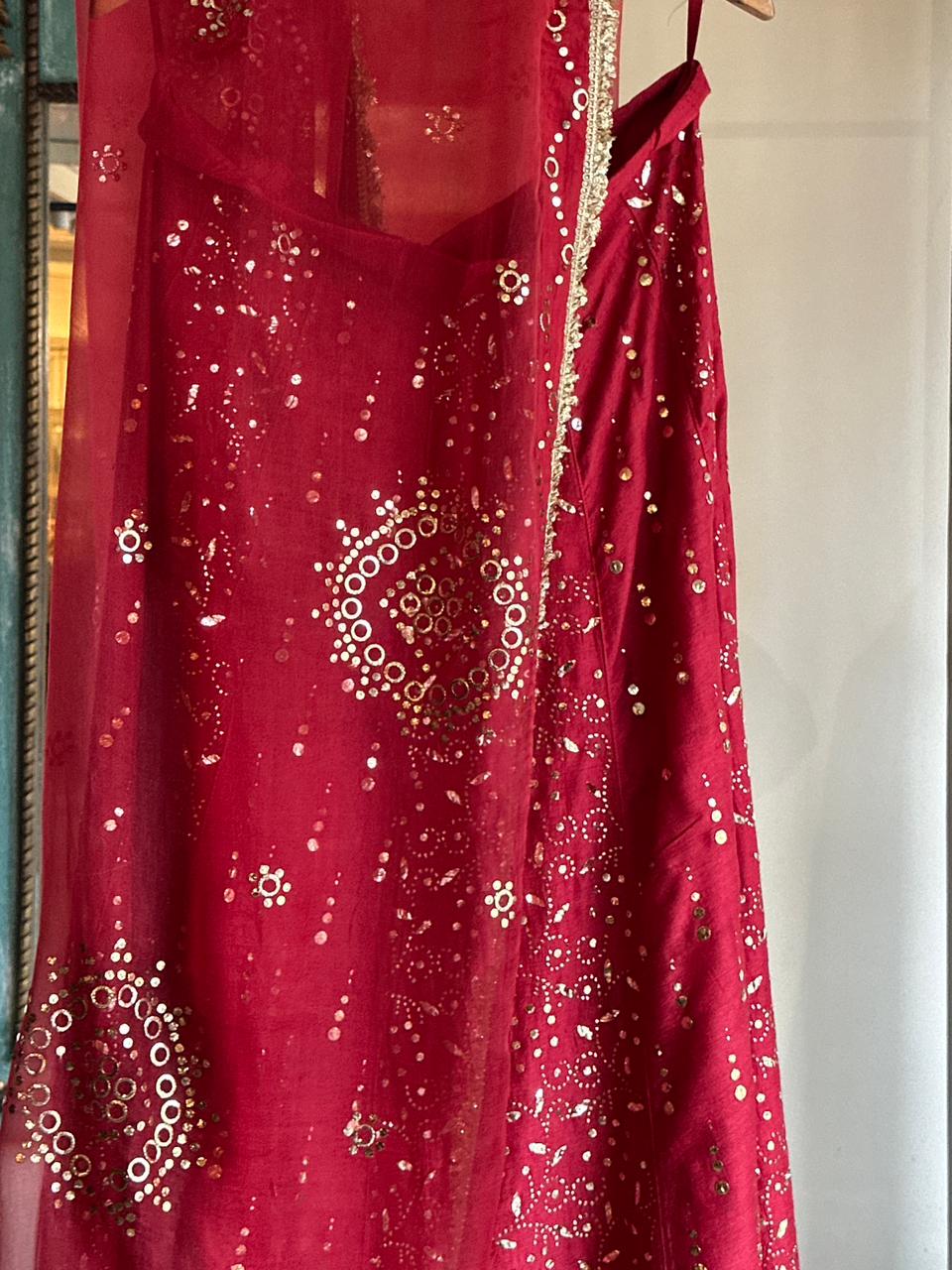 Red Moonga Silk Mukaish Badla Lehenga Set