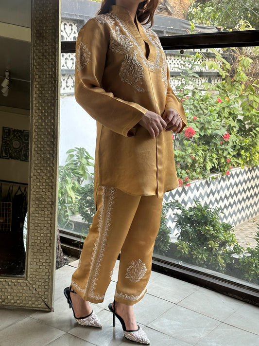 Beige Satin Shimmer Chikankari Co-Ord Set