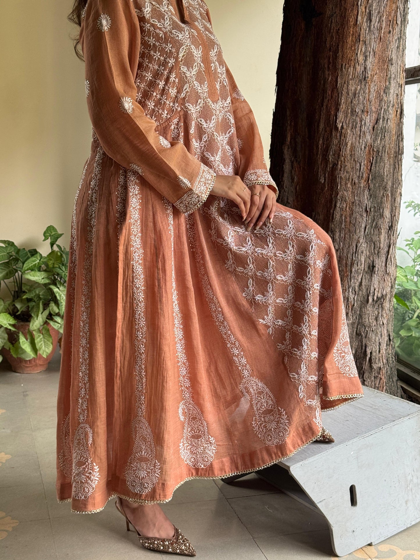 Coral Peach Shade Tissue Silk Chikankari Work Kalidar Kurta Dupatta Set
