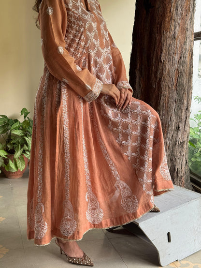Coral Peach Shade Tissue Silk Chikankari Work Kalidar Kurta Dupatta Set