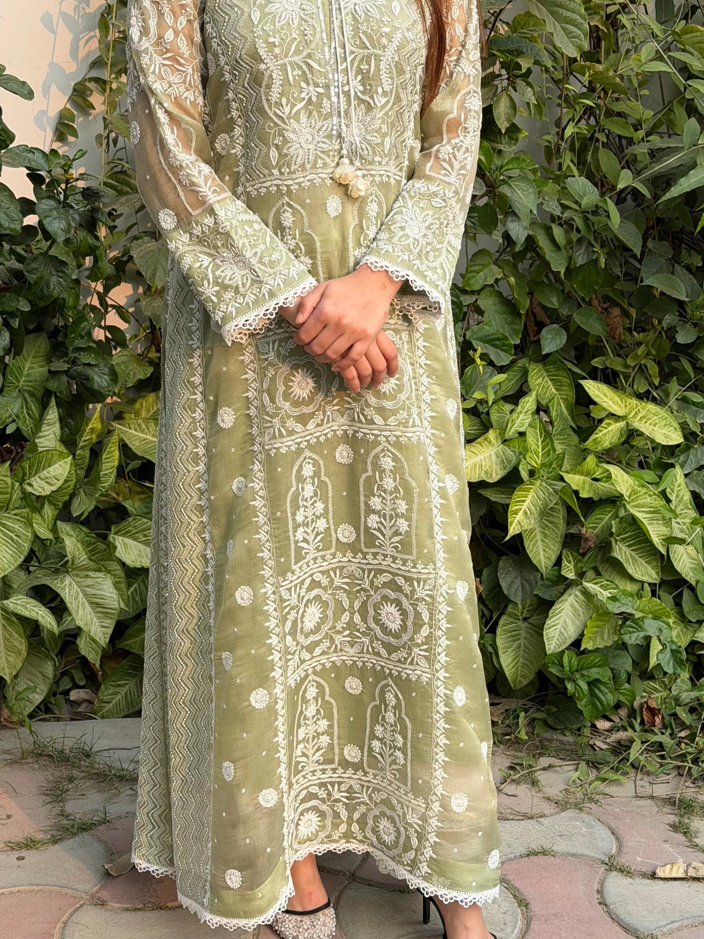 Green Noor Organza Chikankari Anarkali Kurta With Dupatta