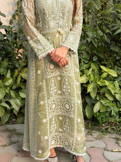 Green Noor Organza Chikankari Anarkali Kurta With Dupatta