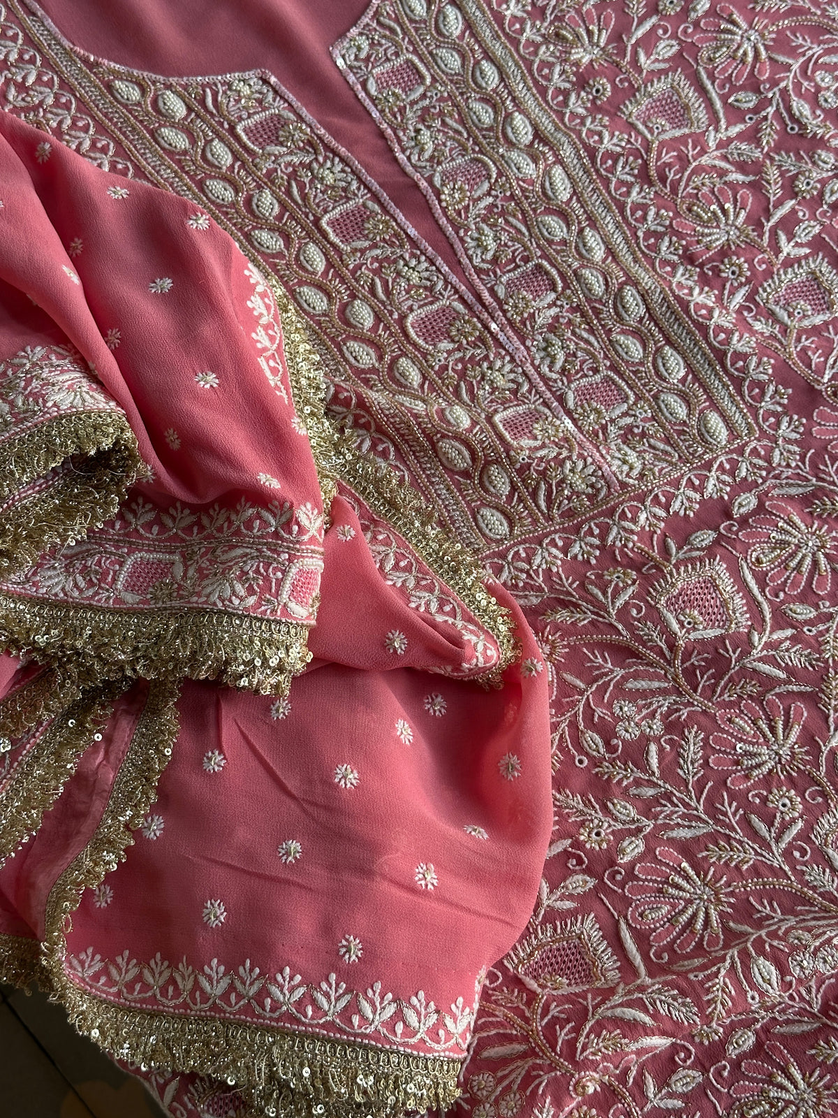 Pink Superfine Pure Georgette Chikankari Kurta Set