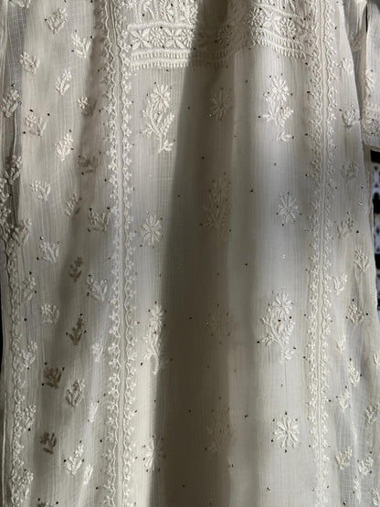 White Floral Kota Chikankari Ready To Wear Straight Kurta With Slip