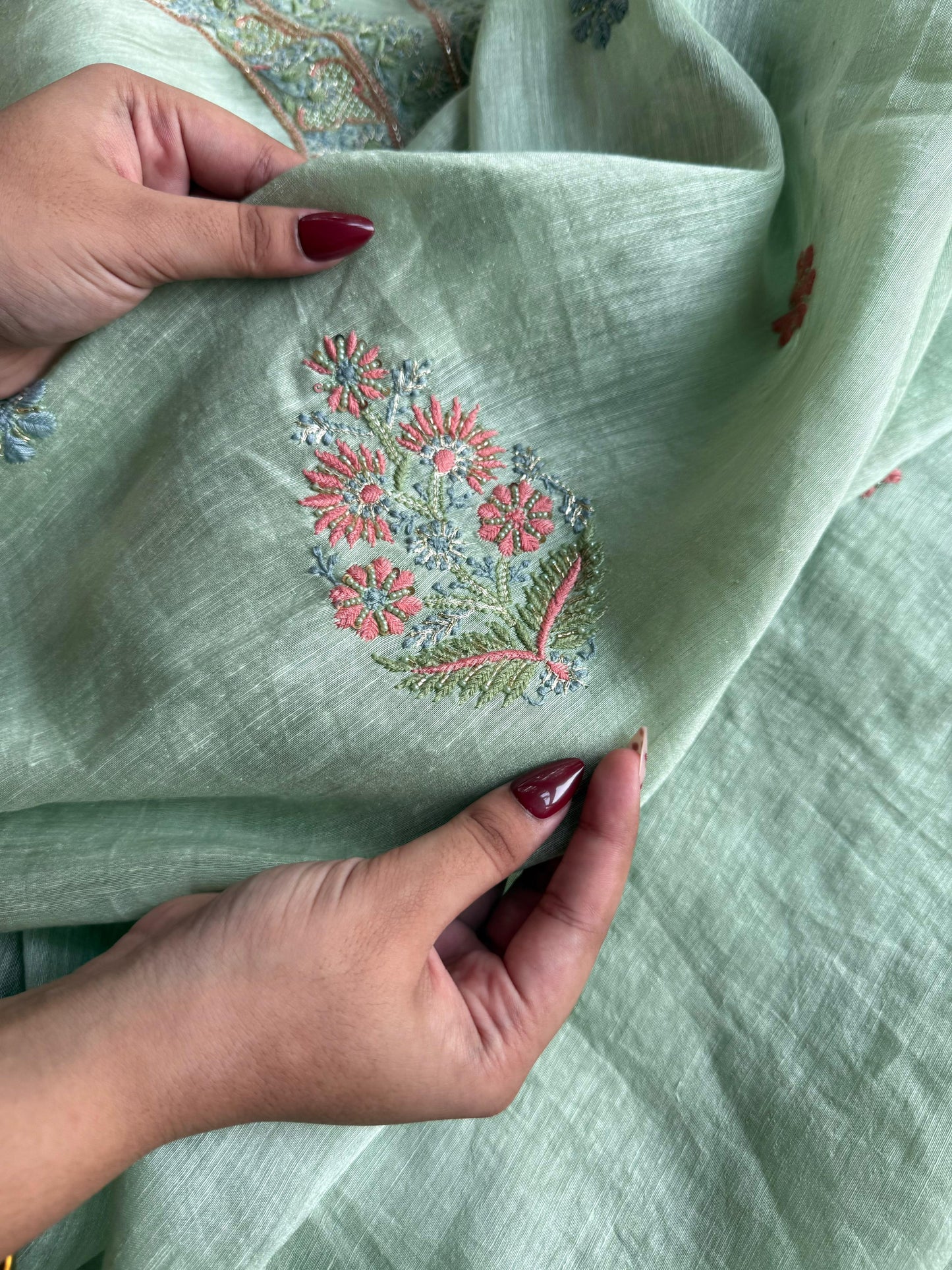 Mint Green Linen Silk Chikankari With Ari Work Unstitched Kurta Dupatta Set