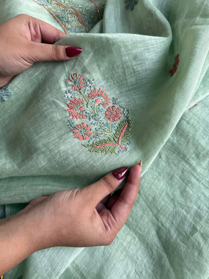 Mint Green Linen Silk Chikankari With Ari Work Unstitched Kurta Dupatta Set