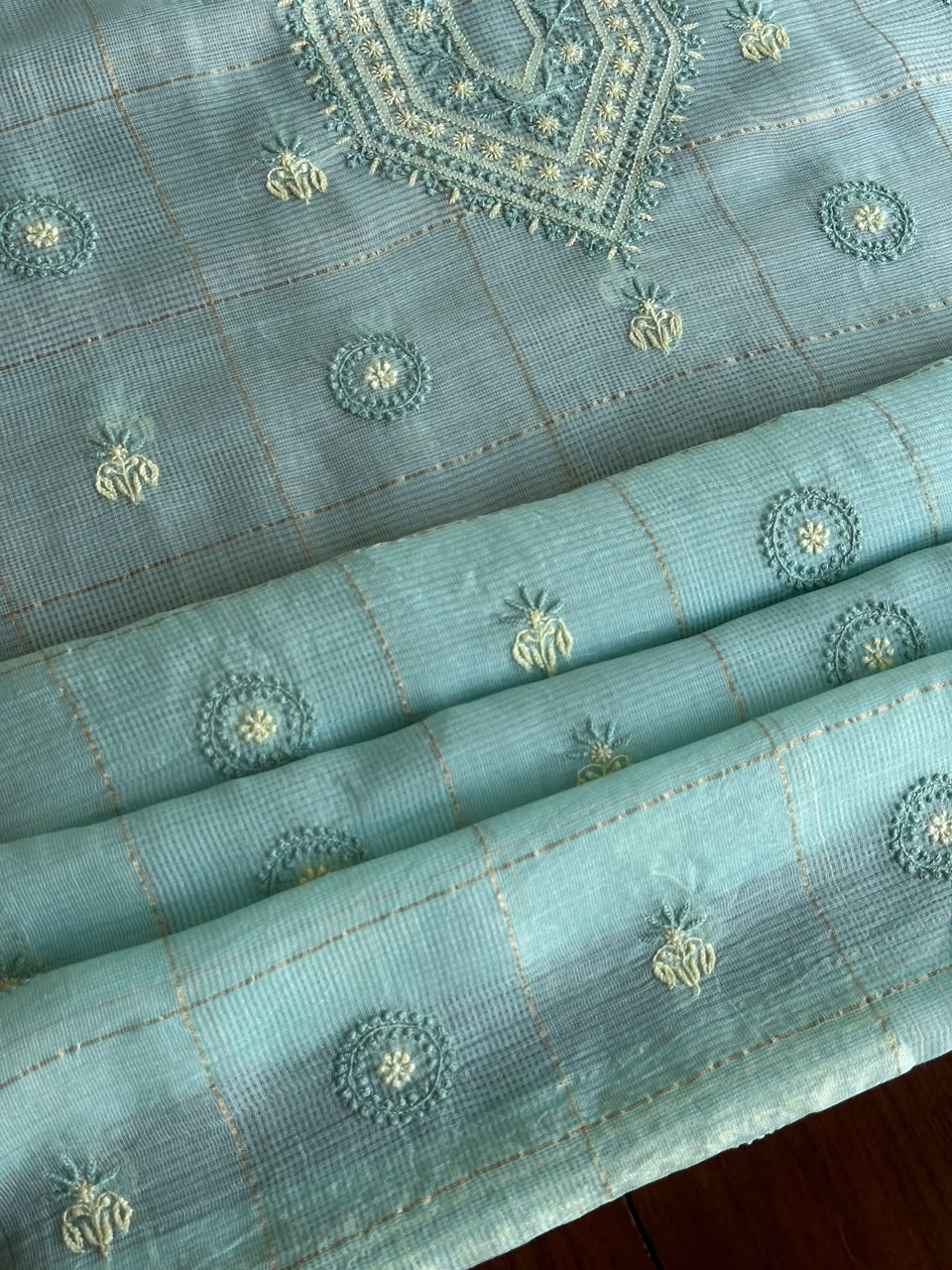 Aqua Green Shade Tissue Zari Kota Chikankari Unstitched Fabric