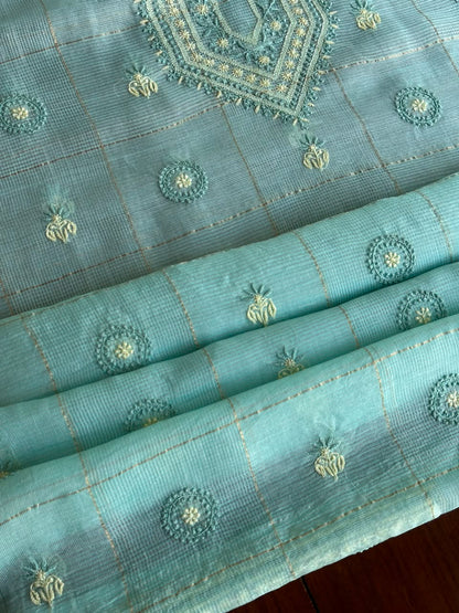 Aqua Green Shade Tissue Zari Kota Chikankari Unstitched Fabric