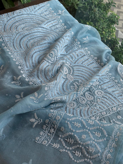 Powder Blue Noor Organza Banarasi Silk Chikankari Unstitched Kurta Dupatta Set