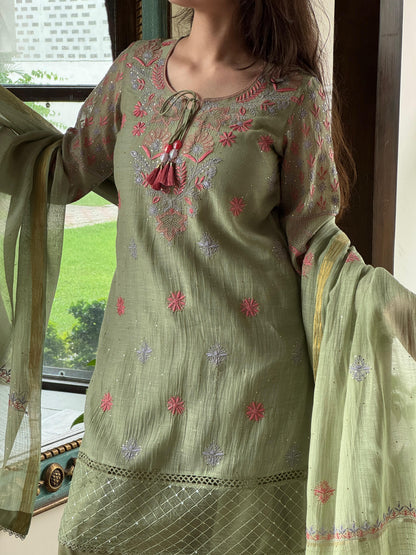 Green Shade Mul Chanderi Chikankari Farshi Sets