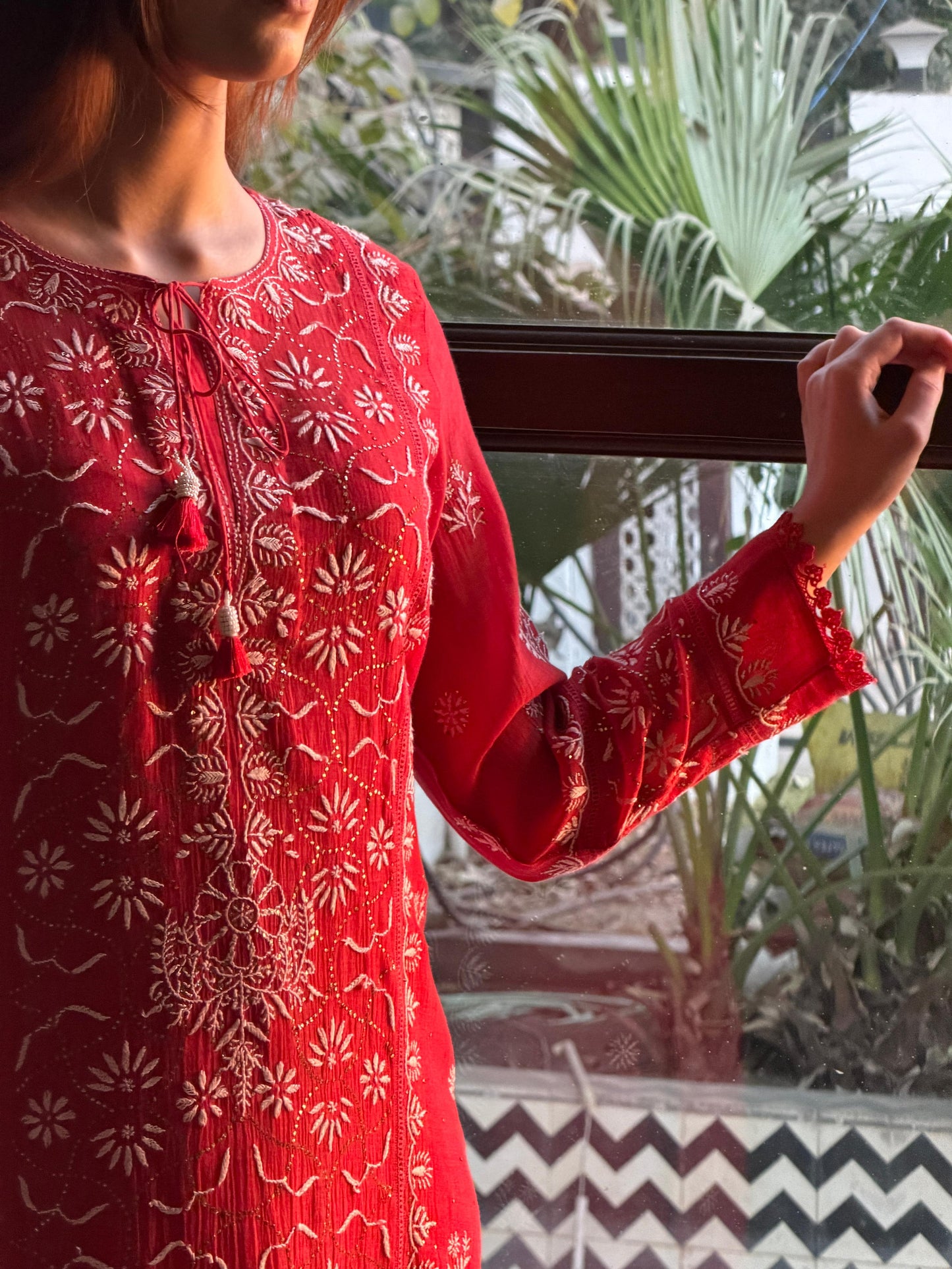 Red Mul Chanderi Mukaish Kamdani Chikankari Stitched Kurta Dupatta Set