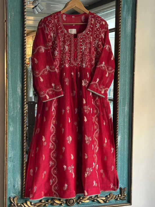 Red Zari Chanderi Chikankari Ready to Wear Tunics