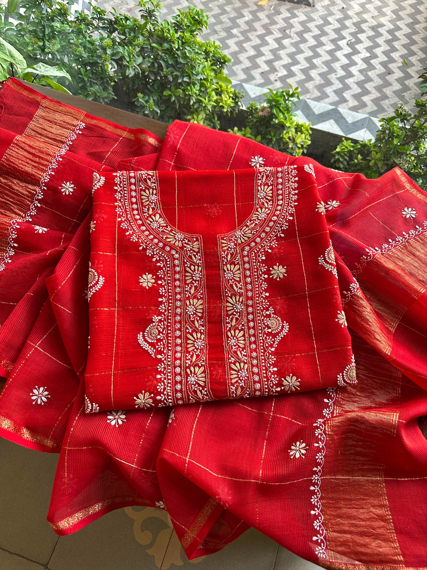 Red Shade Tissue Zari Kota Chikankari Unstitched Fabric