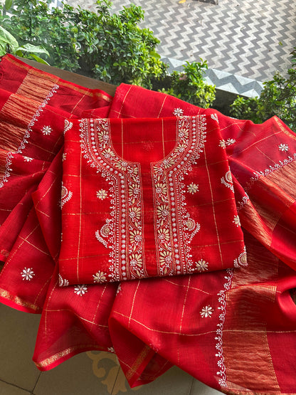 Red Shade Tissue Zari Kota Chikankari Unstitched Fabric