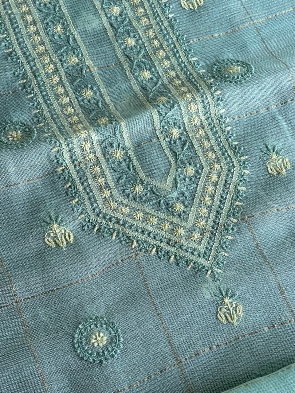 Aqua Green Shade Tissue Zari Kota Chikankari Unstitched Fabric