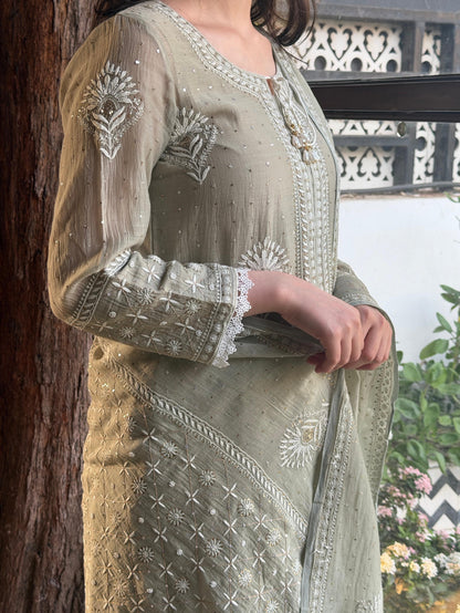 Grey Green Mulmul Pearl White Chikankari Kurta With Heavy Dupatta