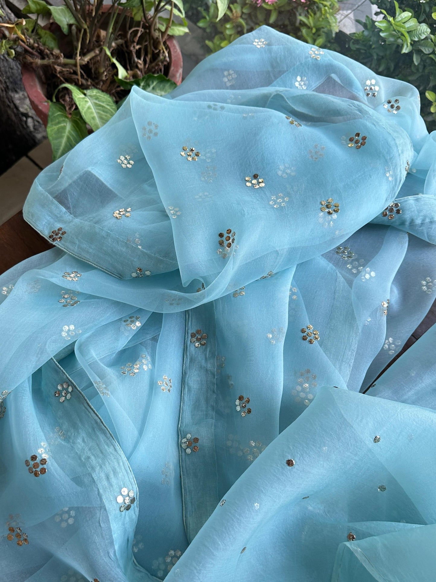 Blue Noor Organza Silk Mukaish Pearl Chikankari Unstitched Fabric
