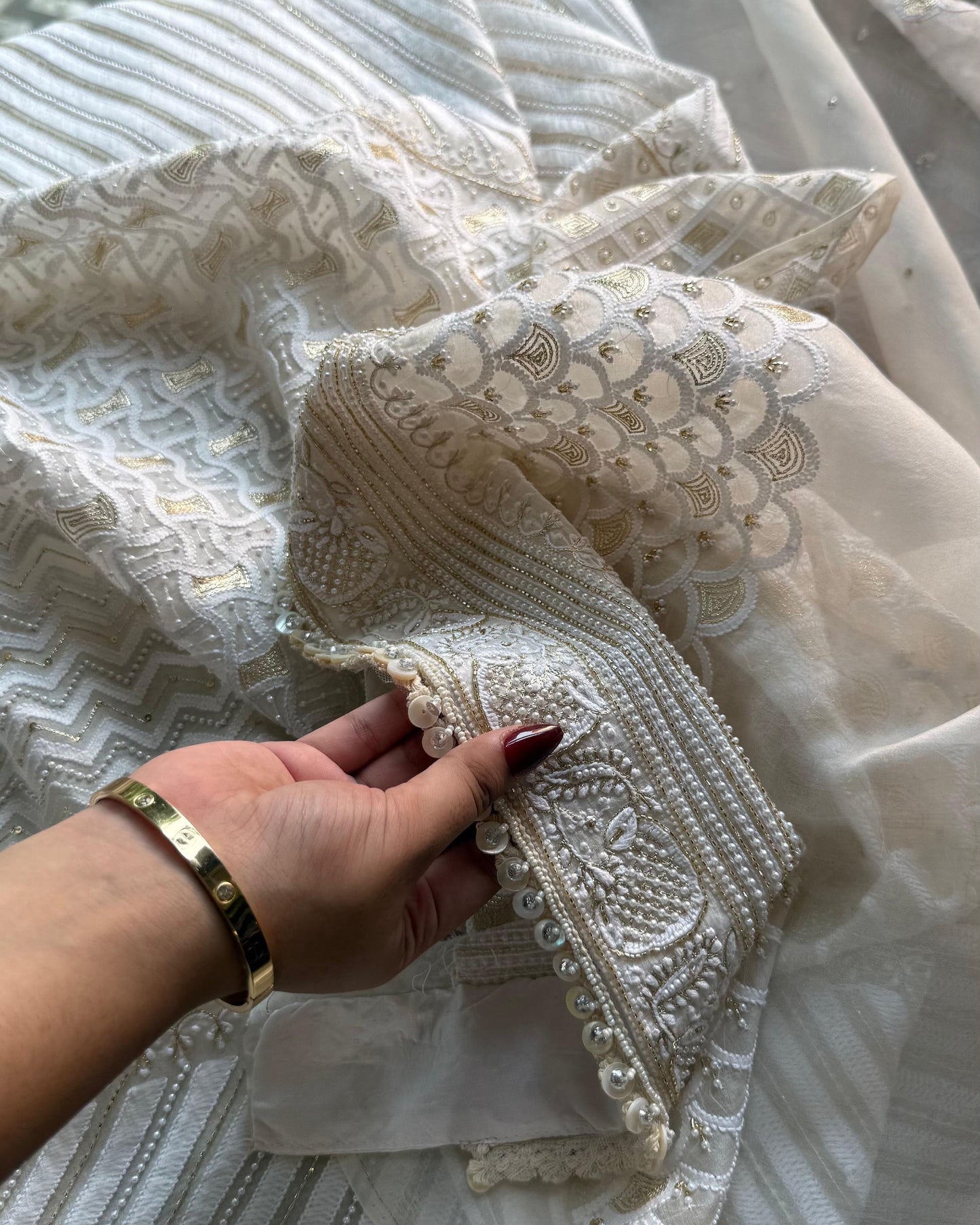 White Noor Benarasi Organza Silk Chikankari Unstitched Kurta Dupatta Set