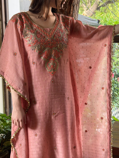 Peach Shade Zari Chanderi Chikankari Kaftan