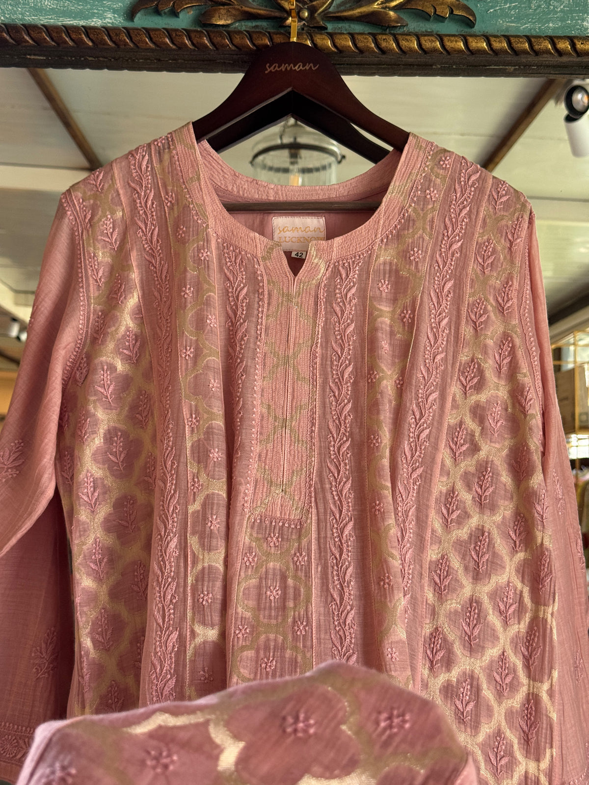 Onion Pink Zari Chanderi Chikankari A Line Kurta with Slip