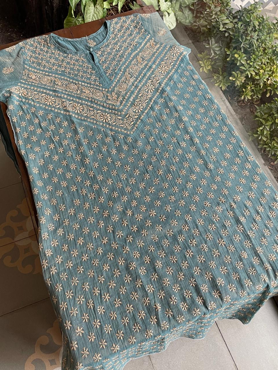 Grey Blue Shade | Tissue Silk Chikankari Work Kurta Set