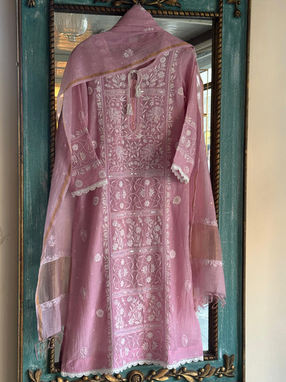 Pastel Pink Shade Malmal Pearl Work Chikankari Kurta With Dupatta