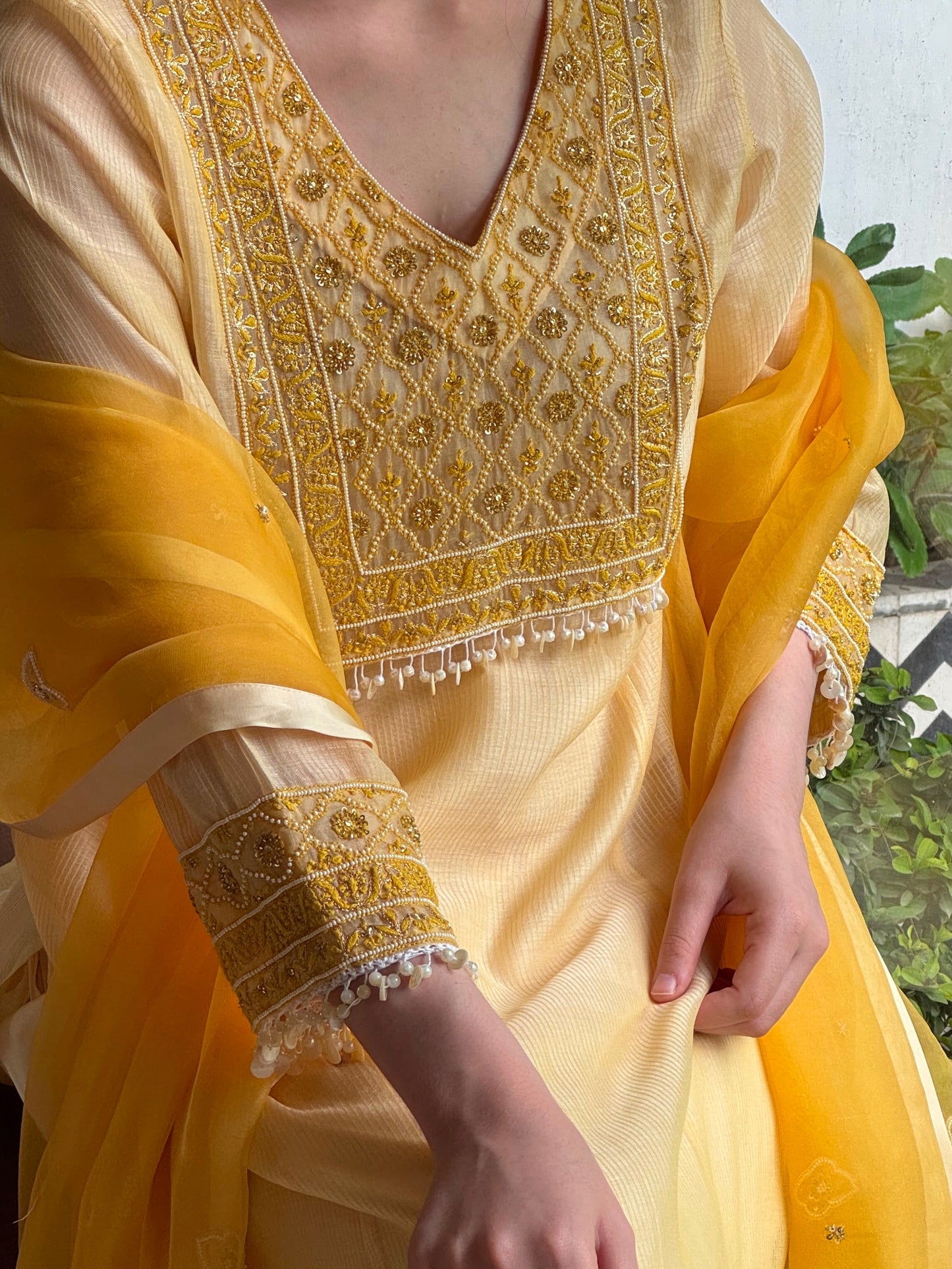 Butter Yellow Maheshwari Chikankari Kalidar Kurta Set