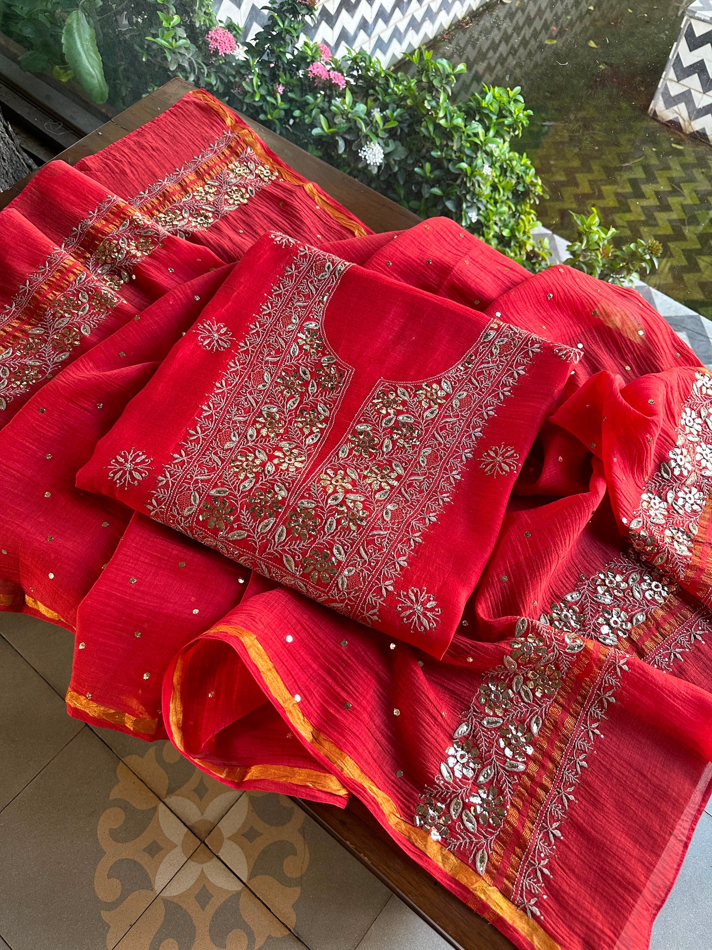 Red Shade Mal Cotton Chikankari Unstitched Kurta Dupatta Fabric With Mukaish Badla