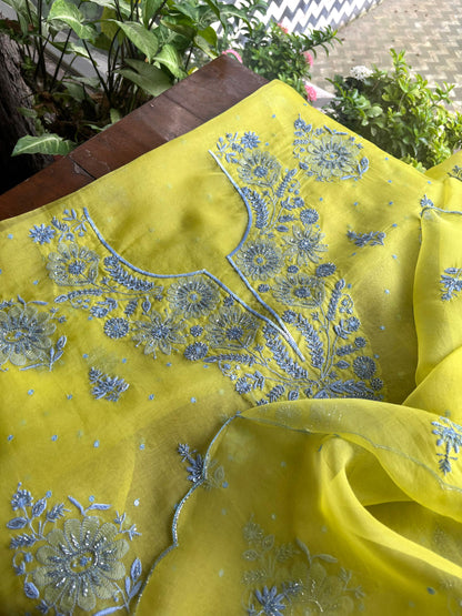 Lime Green & Grey Noor Organza Silk Chikankari Unstitched Fabric