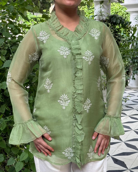 Pista Green Noor Organza Frill Lace With Resham Chikankari Short Top