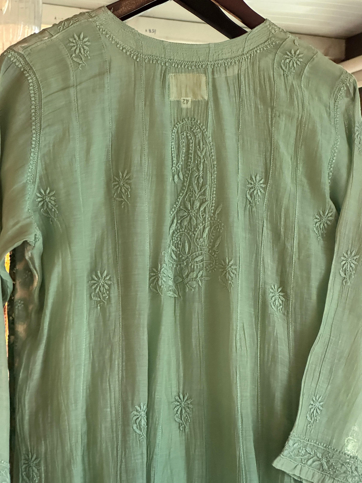 Green Zari Chanderi Chikankari A Line Kurta with Slip